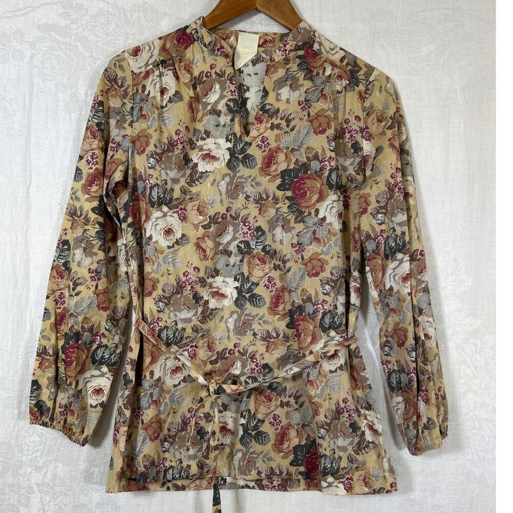 Fran Keene Vintage Tunic 12 Tan Floral Belted Cottagecore Fall Neutral Country